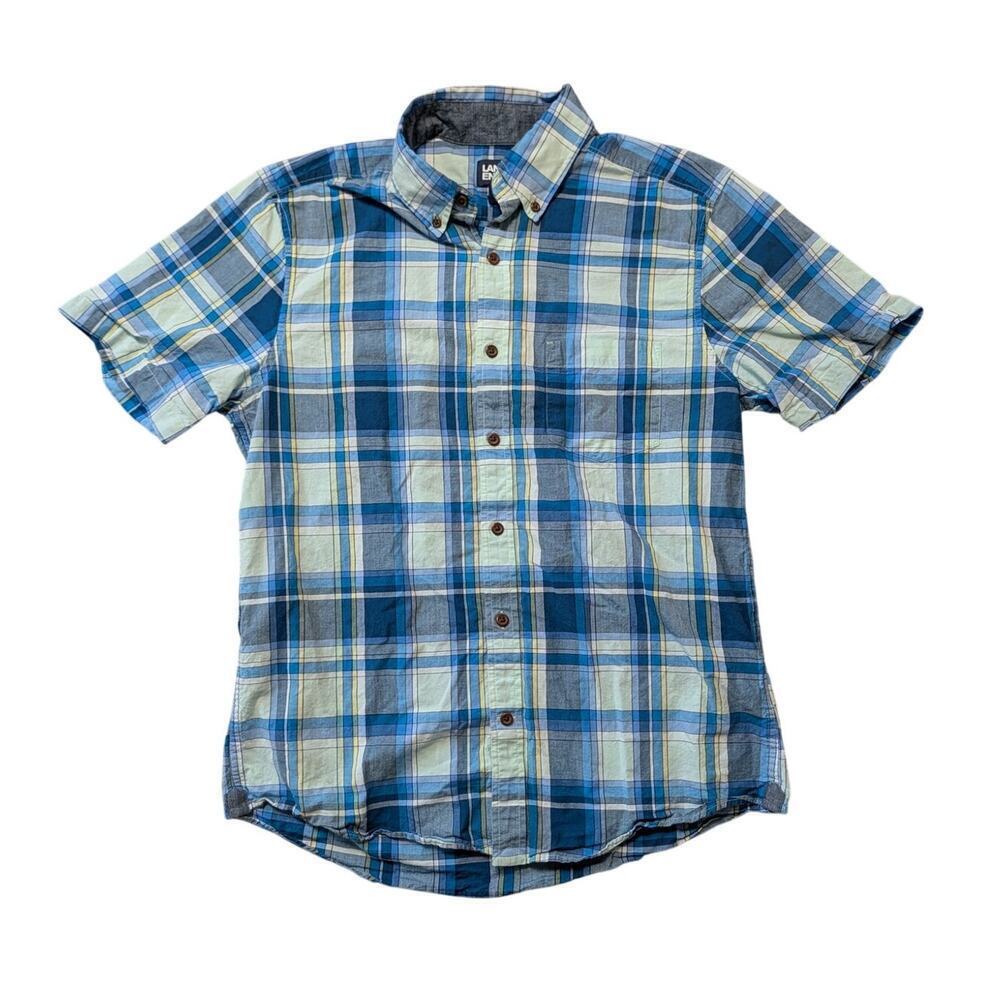 LAND'S END men's Short sleeve, button down shirt, size MED, BLUE PLAID,